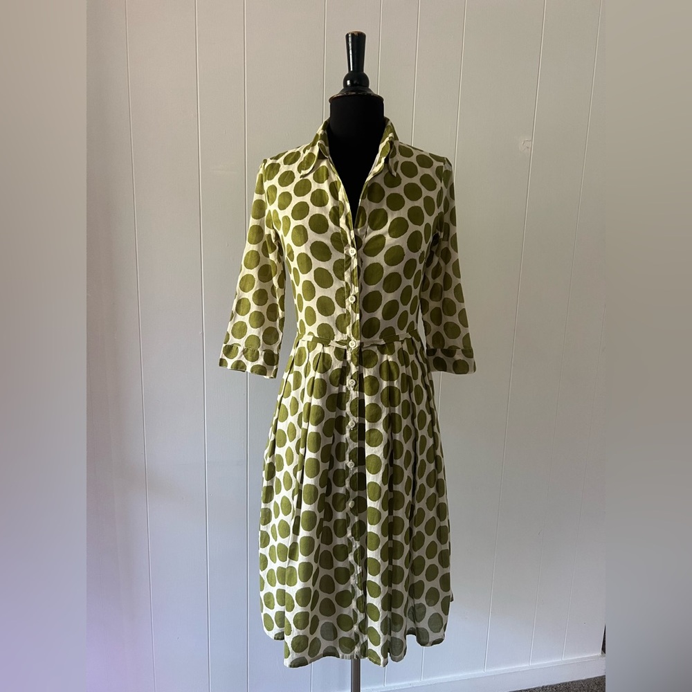 Samantha Sung Cotton Shirtwaist Dress with Green Polka Dots, Size Small
